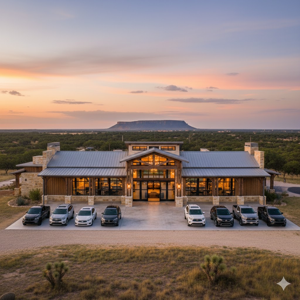 Evening celebration with lanterns and guests enjoying the ranch setting